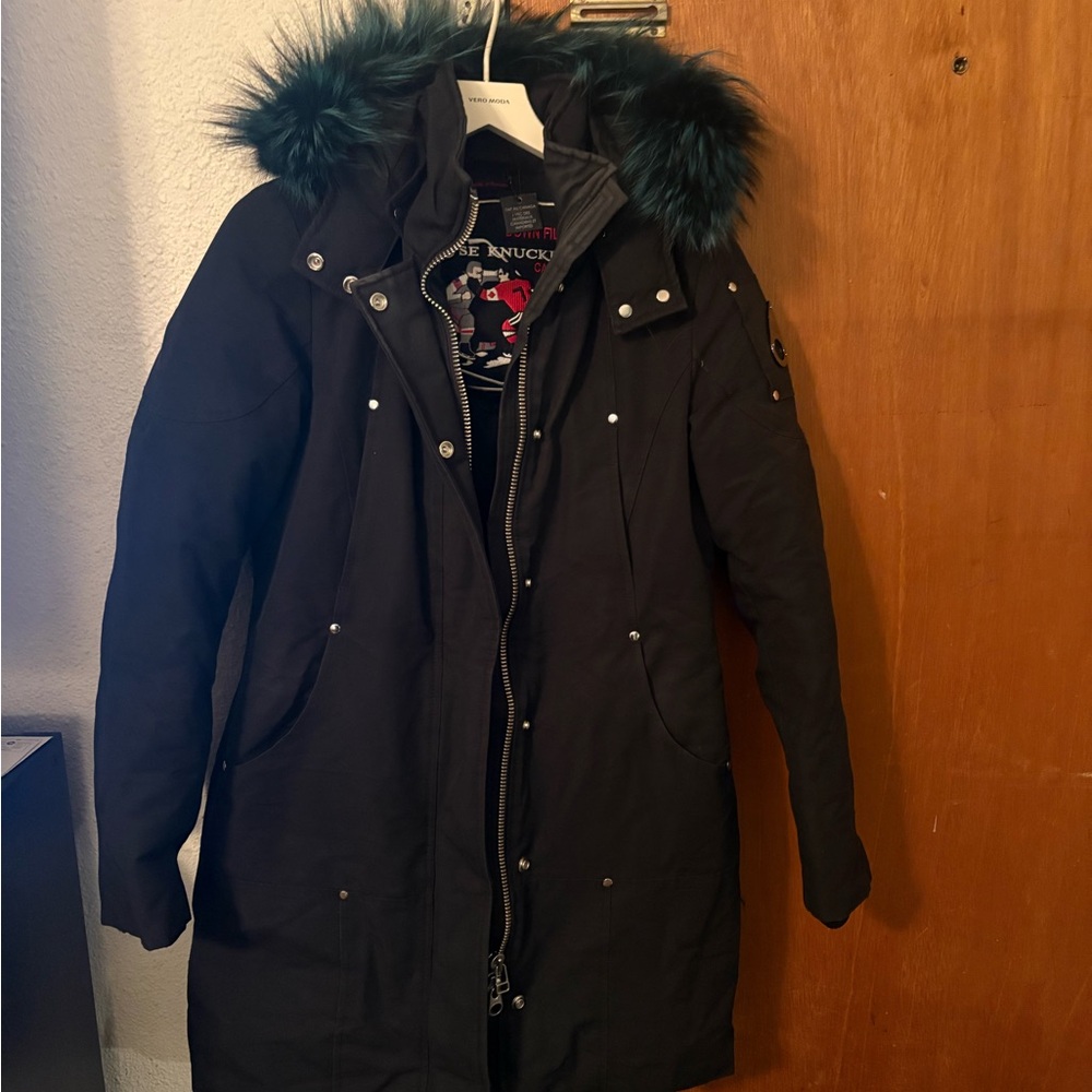Moose Knuckles Black Jacket with Teal Fur Trim